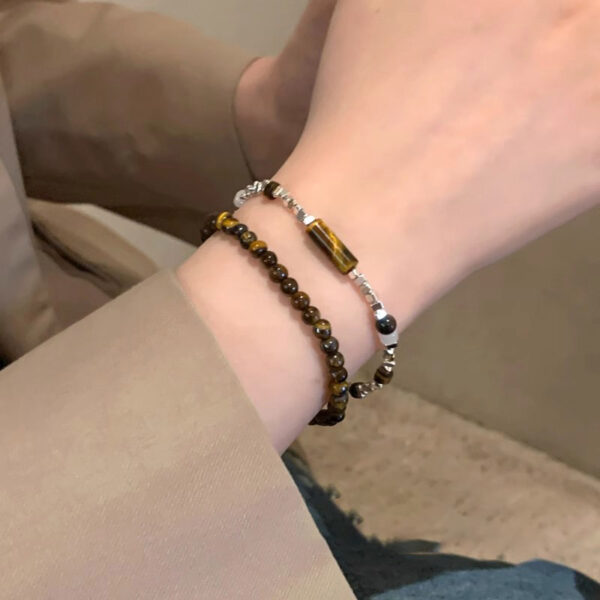 Broken silver tiger eye stone bead bracelet for women, couple bracelet set