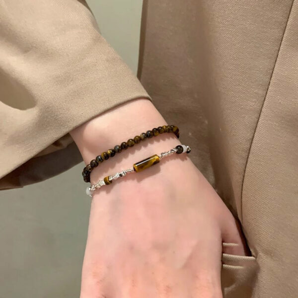 Broken silver tiger eye stone bead bracelet for women, couple bracelet set