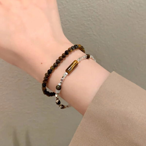 Broken silver tiger eye stone bead bracelet for women, couple bracelet set