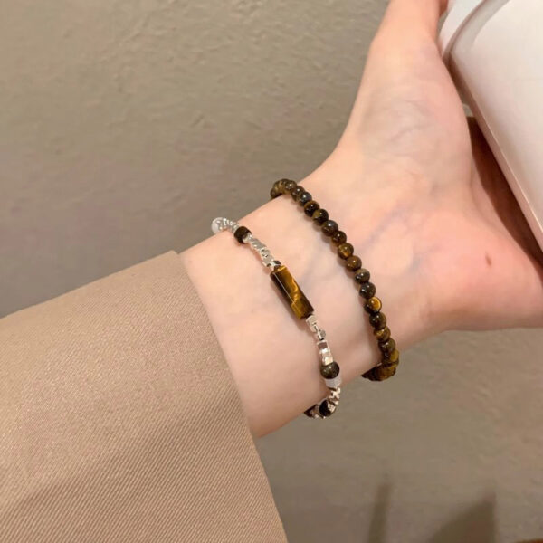 Broken silver tiger eye stone bead bracelet for women, couple bracelet set