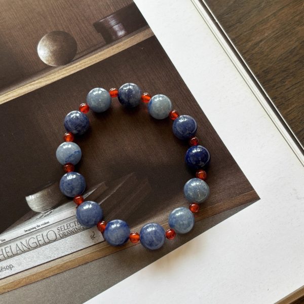 Chinese Style Natural Blue Aventurine & Red Agate Elastic Bracelet