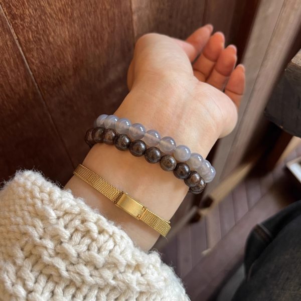 Trending! New - Chinese Style Dual - Layered Elastic Bracelet with Natural Lime Agate, Black Ebony & Three - Eyed Dzi Beads