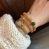 New - Chinese Style Dual - Layer Elastic Bracelet with Natural Stones & Gold - Plated Elements
