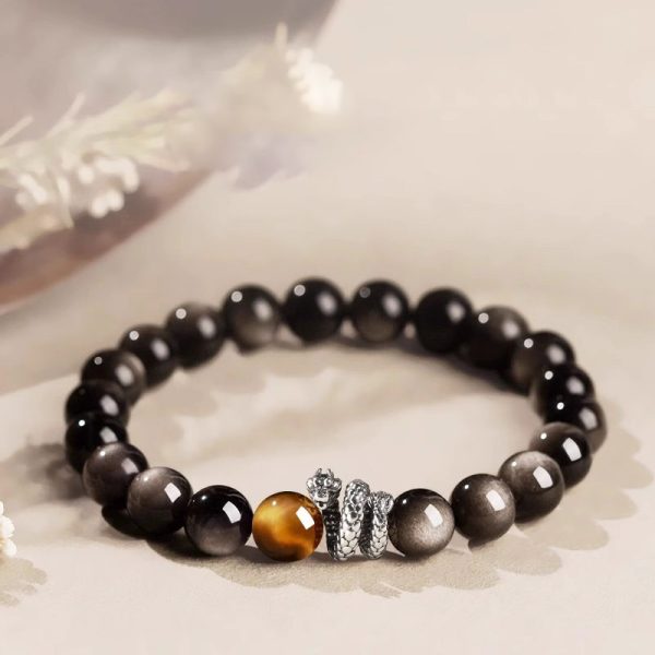 Year of Protection Silver Obsidian Bracelet｜Tiger Eye Wealth Beads｜Men's Spiritual Jewelry