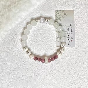 New Chinese Style 'White Moonlight' Plum Wine - Inspired Tianshan Jade Bead Bracelet with Peace Button - Trendy, Exquisite Jewelry for Women