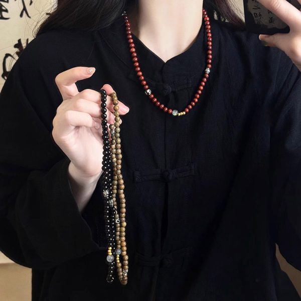 Chinese Style Black Ebony & Dzi Bead Triple - Layered Bracelet for Her