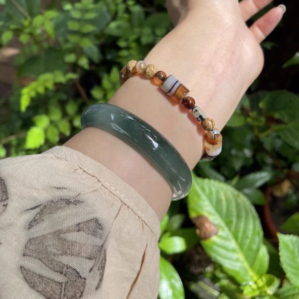 Antique Coffee Stripe" Green Agate Bracelet｜Boho Chic Energy Beads｜Feng Shui Healing Jewelry