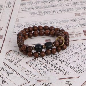 "Zen Double Circle" Golden Sandalwood Bracelet｜Feng Shui Wood Beads｜Chakra Balancing Spiritual Jewelry
