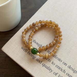 New - Chinese Style Dual - Layer Elastic Bracelet with Natural Stones & Gold - Plated Elements