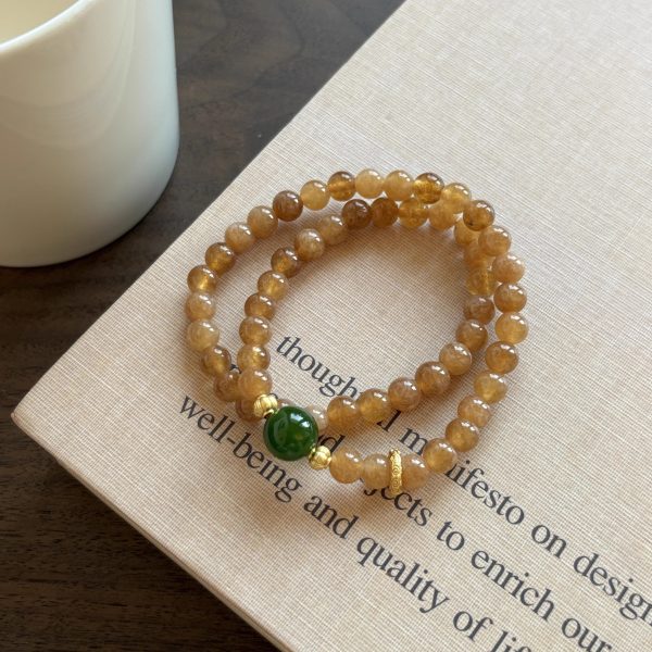 New - Chinese Style Dual - Layer Elastic Bracelet with Natural Stones & Gold - Plated Elements