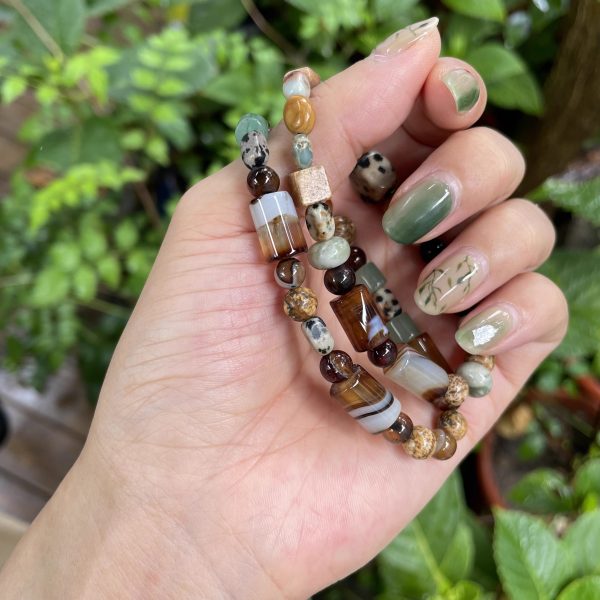 Antique Coffee Stripe" Green Agate Bracelet｜Boho Chic Energy Beads｜Feng Shui Healing Jewelry