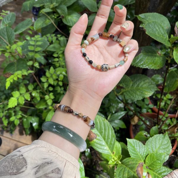 Antique Coffee Stripe" Green Agate Bracelet｜Boho Chic Energy Beads｜Feng Shui Healing Jewelry