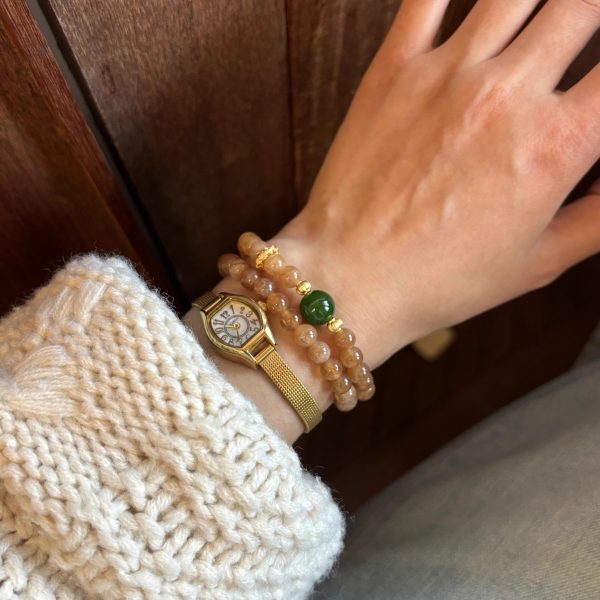 New - Chinese Style Dual - Layer Elastic Bracelet with Natural Stones & Gold - Plated Elements