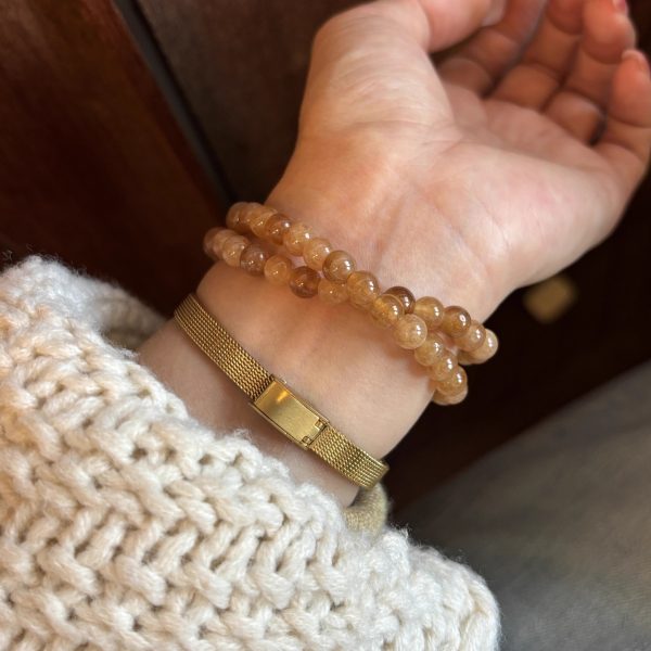 New - Chinese Style Dual - Layer Elastic Bracelet with Natural Stones & Gold - Plated Elements