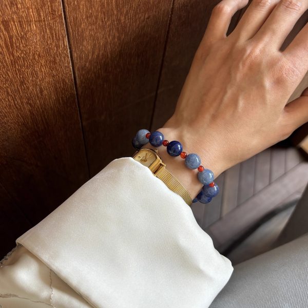 Chinese Style Natural Blue Aventurine & Red Agate Elastic Bracelet