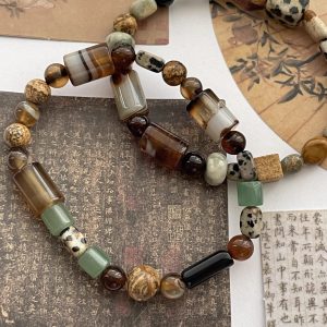 Antique Coffee Stripe" Green Agate Bracelet｜Boho Chic Energy Beads｜Feng Shui Healing Jewelry
