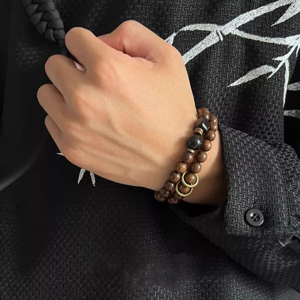 "Zen Double Circle" Golden Sandalwood Bracelet｜Feng Shui Wood Beads｜Chakra Balancing Spiritual Jewelry