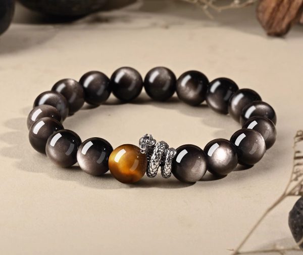 Year of Protection Silver Obsidian Bracelet｜Tiger Eye Wealth Beads｜Men's Spiritual Jewelry